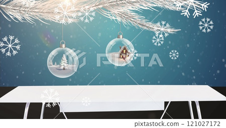 Image of snow falling over fir tree with baubles Image of snow falling over fir tree with baubles 121027172