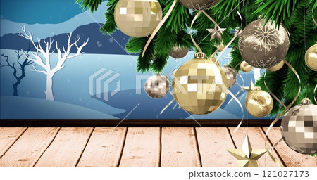 Image of christmas tree with decorations over snow falling and winter landscape 121027173