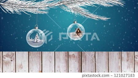 Image of road sign with copy space over decorations and snow falling on blue background 121027183
