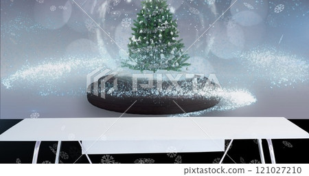 Image of snow falling and glowing spots over snow globe with tree on white background Image of snow falling and glowing spots over snow globe with tree on white background 121027210