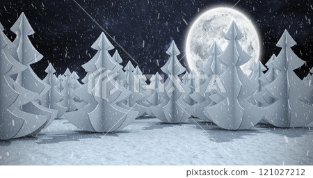 Image of snow falling over winter night landscape with fir trees Image of snow falling over winter night landscape with fir trees 121027212