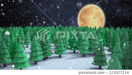 Image of snow falling over winter night landscape with fir trees 121027214