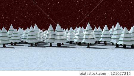 Image of snow falling over winter night landscape with fir trees Image of snow falling over winter night landscape with fir trees 121027215