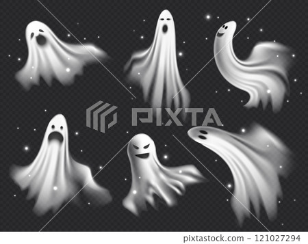Realistic white ghost flying with sparkles vector set, cartoon angry phantom, scary spirit, Halloween spooky monsters 121027294