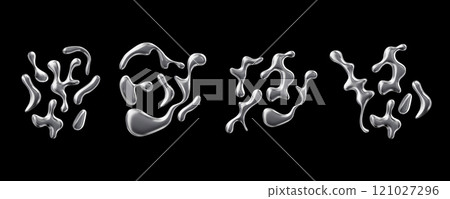 3D glossy chrome liquid shapes vector compositions set, molten drops group, metal fluid blob splash different forms 121027296