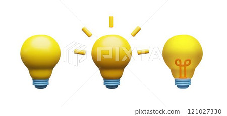 Vector 3d illustration of yellow light bulbs icon set on isolated background. 121027330