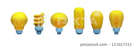 Set of 3D electric light bulbs with yellow energy-saving design that inspires ideas and imagination. 121027331