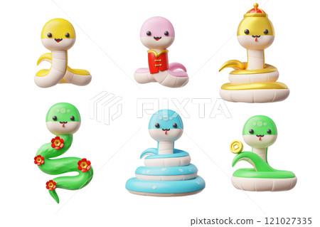 Vector 3d set of illustrations with cute snakes, different colors on an isolated background. 121027335
