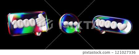 3D glossy glass speech bubbles holographic effect with 1000 like and heart emoji vector set, volume feedback clouds 121027336