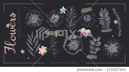 Collection of flowers and leaves retro photocopy effect elements on black, vector vintage Y2K herbarium grainy texture Collection of flowers and leaves retro photocopy effect elements on black, vector vintage Y2K herbarium grainy texture 121027341