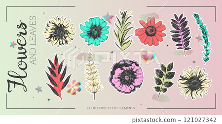 Collection of flowers, leaves retro photocopy effect elements on gradient background, vector colorful blossom herbarium 121027342