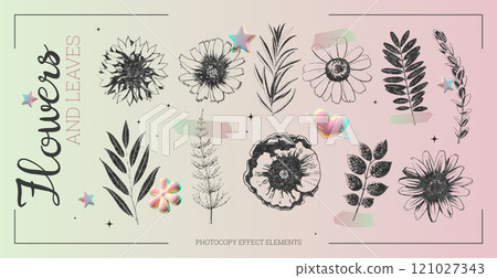 Collection of flowers and leaves retro photocopy effect elements gradient background, vector herbarium grainy texture 121027343