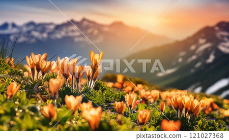 Flowers blooming in the evening glow on a high mountain. In the background, a mountain lit by the setting sun stands tall. 121027368