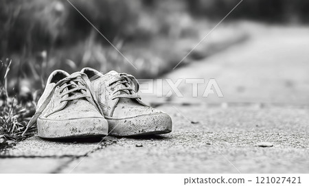 Old dirty sneakers abandoned on sidewalk Old dirty sneakers abandoned on sidewalk 121027421