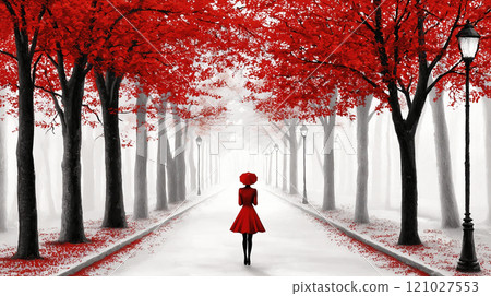 Woman with red umbrella walking in foggy autumn park 121027553