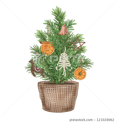 Eco-friendly retro Christmas tree with organic toys made of recyclable material. Sustainable Xmas, holidays, Hand drawn winter handmade decorations. Isolated illustration, greeting design Eco-friendly retro Christmas tree with organic toys made of recyclable material. Sustainable Xmas, holidays, Hand drawn winter handmade decorations. Isolated illustration, greeting design 121028062