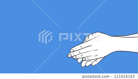 Covid-19 cells disappearing after using hand sanitizer on hands against blue background 121028183