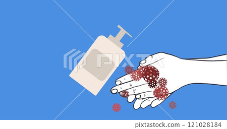Covid-19 cells disappearing after using hand sanitizer on hands against blue background 121028184