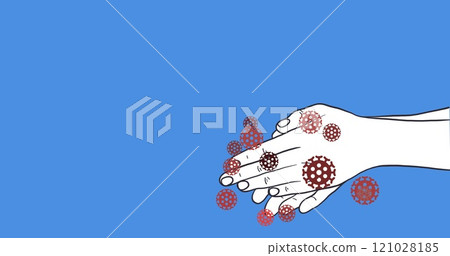 Covid-19 cells disappearing after using hand sanitizer on hands against blue background 121028185