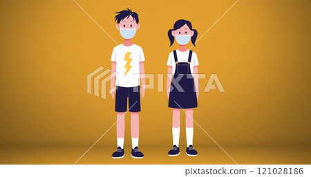 Boy and girl wearing face mask icons maintaining social distance against yellow background 121028186