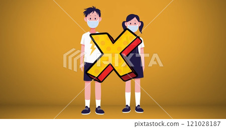 Boy and girl wearing face mask icons maintaining social distance against yellow background 121028187