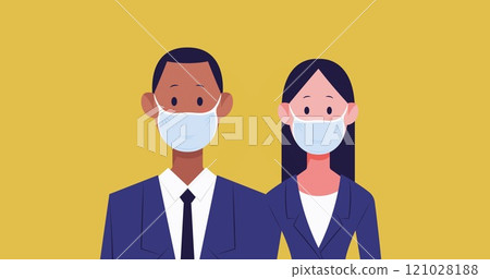 Business icons in masks on yellow signify Covid-19 social distancing digitally. 121028188