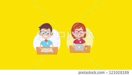 School girl and School boy icons maintaining 1 meter social distance against yellow background 121028189