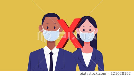 Business icons in masks on yellow signify COVID-19 social distancing digitally. Business icons in masks on yellow signify COVID-19 social distancing digitally. 121028192