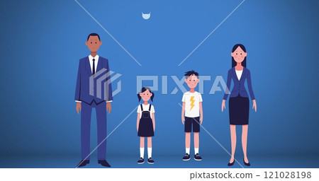 Family wearing face masks icon against blue background Family wearing face masks icon against blue background 121028198