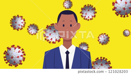 Businessman icon wearing face mask over Covid-19 cells against yellow background 121028203