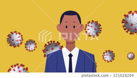 Businessman icon wearing face mask over Covid-19 cells against yellow background 121028204