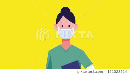 Image of group of people wearing face mask against yellow background 121028214