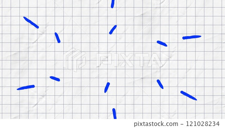 Image of six blue arrows pointing inwards on white squared paper Image of six blue arrows pointing inwards on white squared paper 121028234