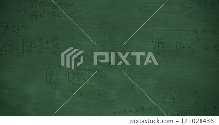 Mathmatical calculations in black moving over a green chalkboard background 4k 121028436