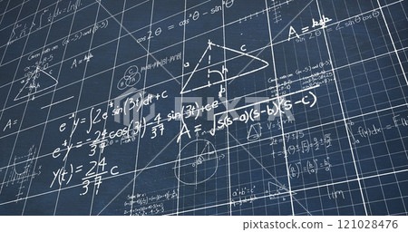 Mathematical calculations in chalk floating over a chalkboard background 4k Mathematical calculations in chalk floating over a chalkboard background 4k 121028476