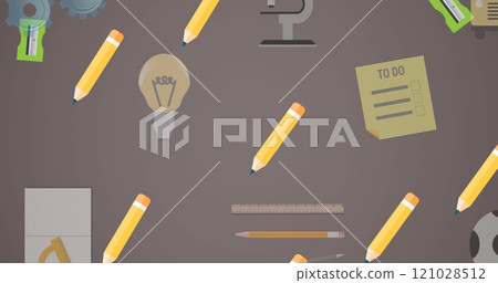 Image of school items icons moving on green background Image of school items icons moving on green background 121028512