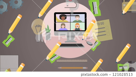 Image of school items icons moving on green background Image of school items icons moving on green background 121028513