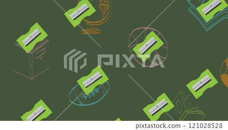 Image of welcome back to school text over school items icons on green background 121028528