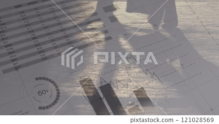 Walking people with financial data in the background 4k 121028569