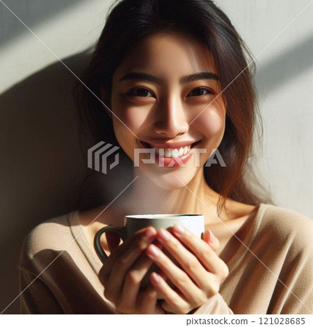 一個女人用熱咖啡溫暖她冰冷的身體 一個女人用熱咖啡溫暖她冰冷的身體 121028685