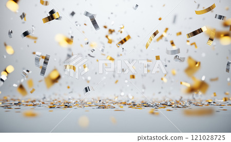 Golden and Silver Confetti Flying on White Background for Celebration and Party Design 121028725