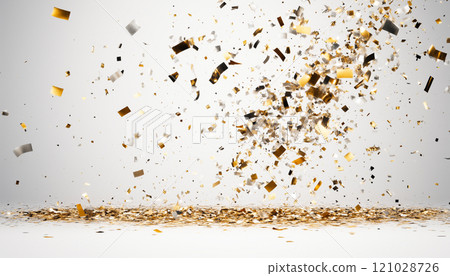 Realistic Gold and Silver Confetti on White Background for Celebrations and Events 121028726