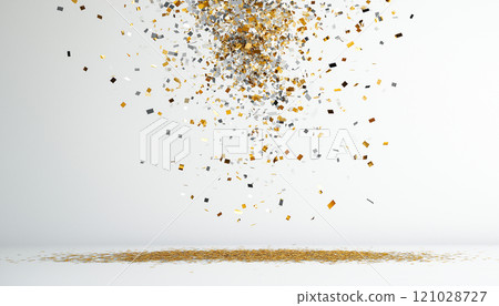 Realistic Gold and Silver Confetti Flying on a White Background for Celebrations 121028727