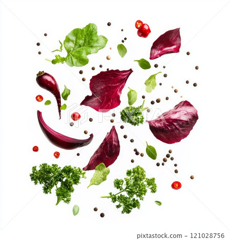 Fresh assortment of vegetables and herbs on white background 121028756