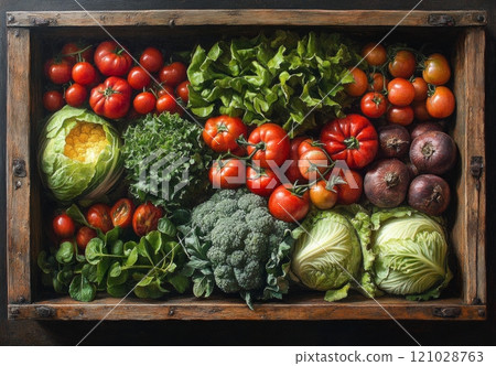Fresh organic vegetables in rustic wooden crate displaying vibrant colors Fresh organic vegetables in rustic wooden crate displaying vibrant colors 121028763