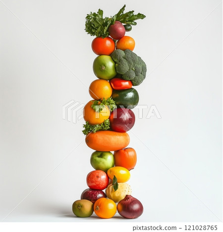 Vertical tower of fresh fruits and vegetables against white background 121028765