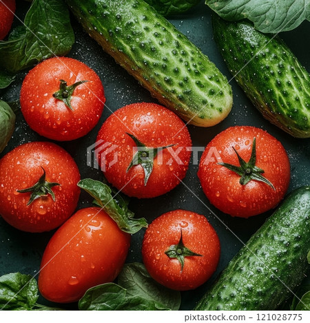 Fresh tomatoes and cucumbers with spinach on dark background 121028775