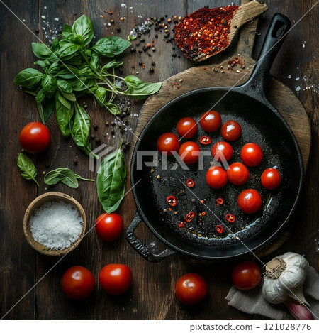 Fresh cherry tomatoes with basil and spices in cast iron skillet 121028776