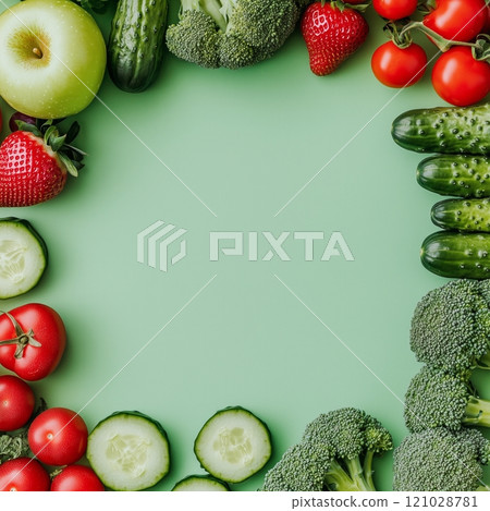 Fresh fruits and vegetables arranged on green background with copy space 121028781