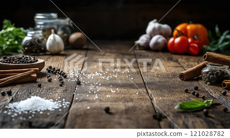 Rustic wooden table with various spices and fresh vegetables 121028782